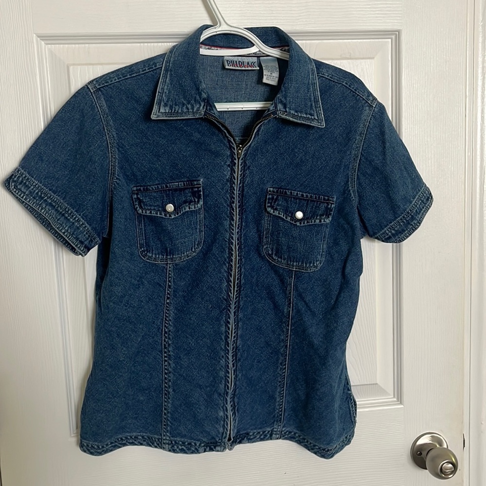 Vintage Denim Zip-up Collared Shirt